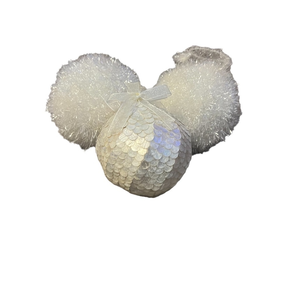Large Fuzzy iridescent snowball‎ & Capiz Scaled Shell Ornaments Set Of 3